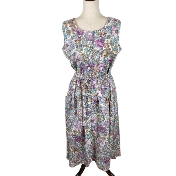 Vintage New Looks Granny floral wide strap belted sundress womens*16 Modest Boho - Picture 6 of 14